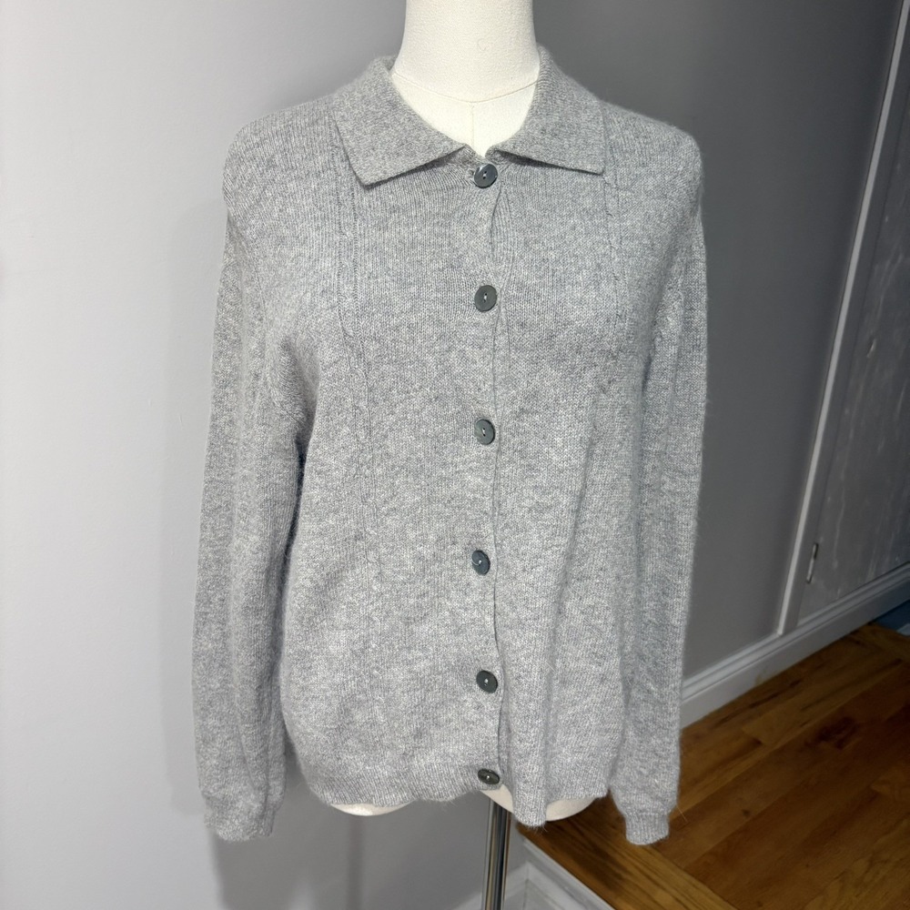 Charter Club Women's L Cardigan Gray Button Sweater Angora Rabbit Hair Blend